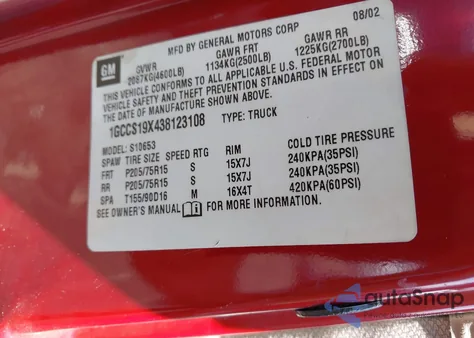 2003 Chevrolet S-10 Ls z USA, uszkodzony, nr VIN 1GCCS19X438123108